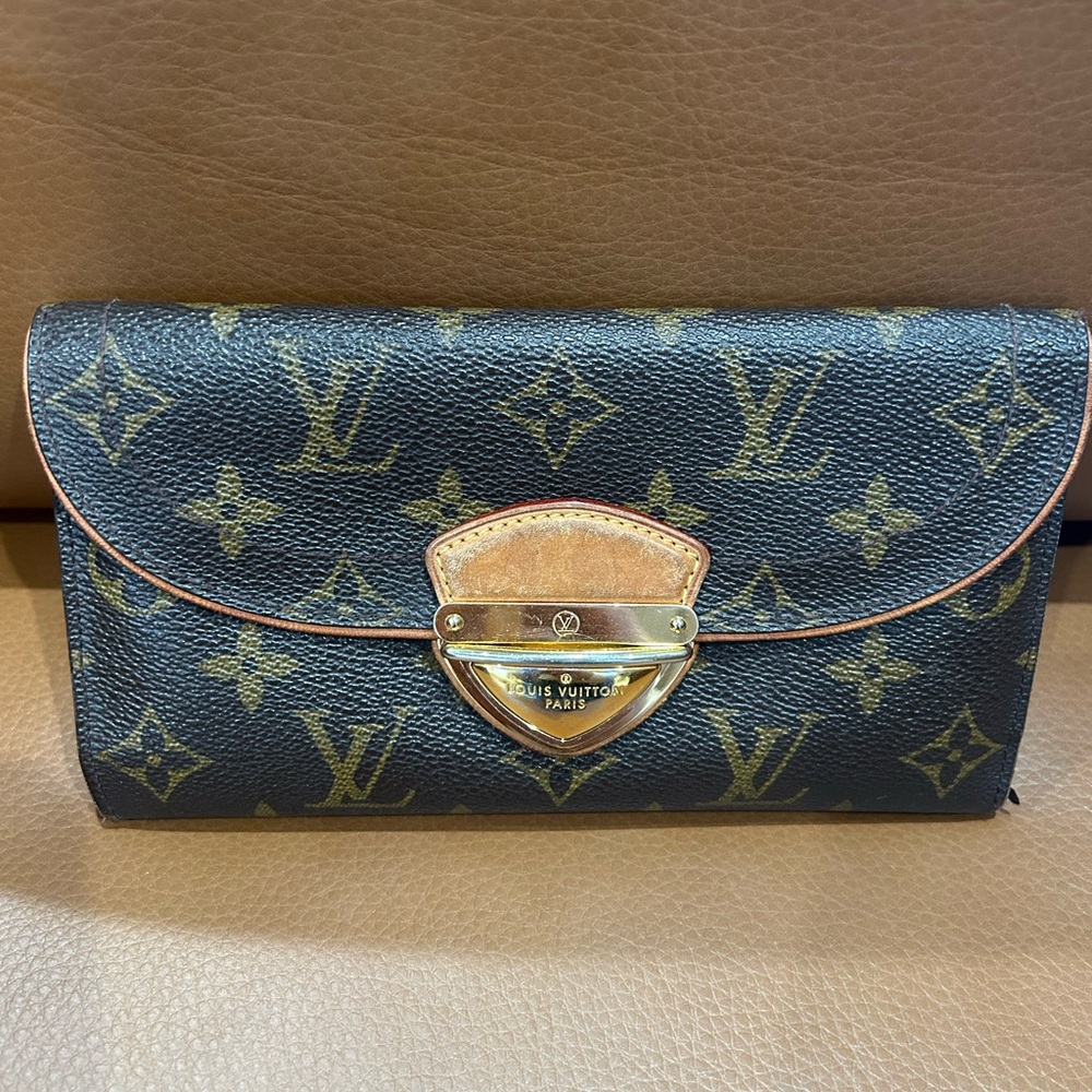 Louis Vuitton Black and Brown Monogram Wallet with Gold Clasp